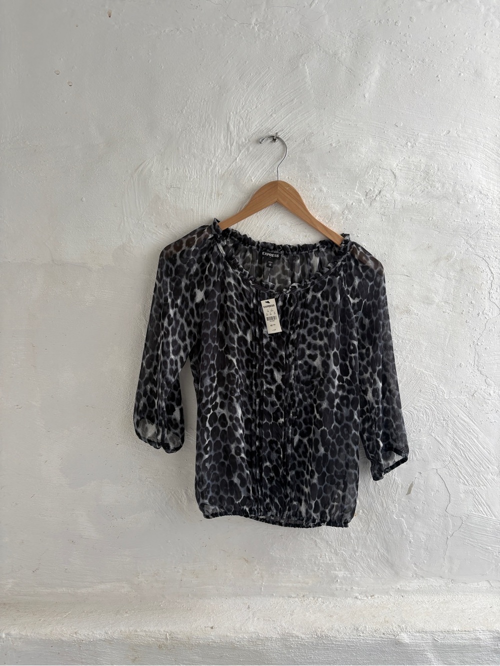 NWT sheer gray and black leopard-print Express blouse